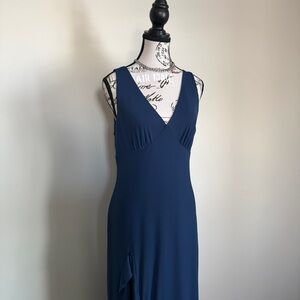 blue vintage silky knit v-neck maxi wedding guest dress with front ruffle slit